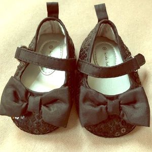 Black satin maryjanes with sequins and bow detail